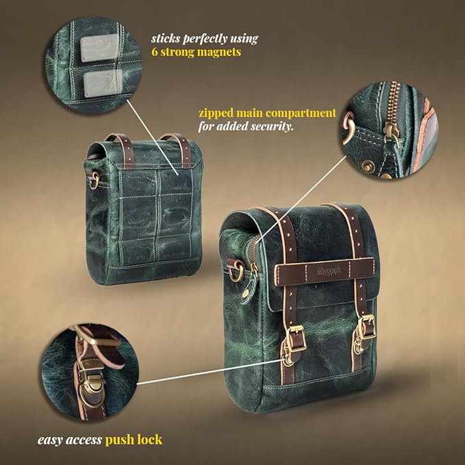 Trip Machine Company Genuine Leather Motorcycle Magnetic Fuel Tank & Tail Pillion Seat Mount Bag with Shoulder Strap and Rain Cover (Brown)