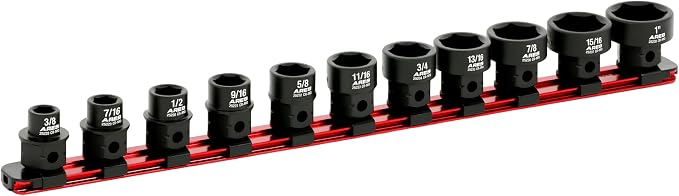 ARES 29021 – 11-Piece 1/2-Inch Drive SAE Low Profile Nano Impact Socket Set – Impact Grade Sockets Offer Greater Clearance Than Typical Shallow Sockets – Includes Aluminum Storage Rail