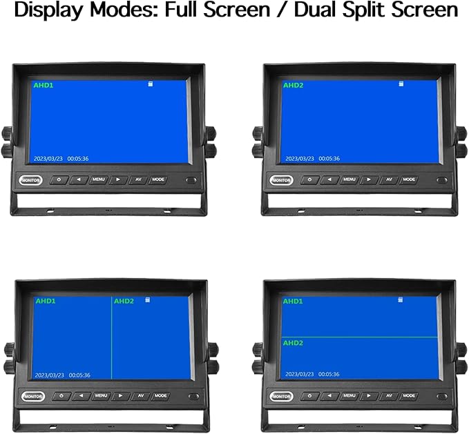 7" Car Monitor with DVR Recording Dual Split Screen Display 4-Pin Connector | 1024x600 IPS Screen, DVR Loop Recording, Supports 2 camera inputs (CVBS & AHD), Compatible 4-Pin Vehicle Camera Systems