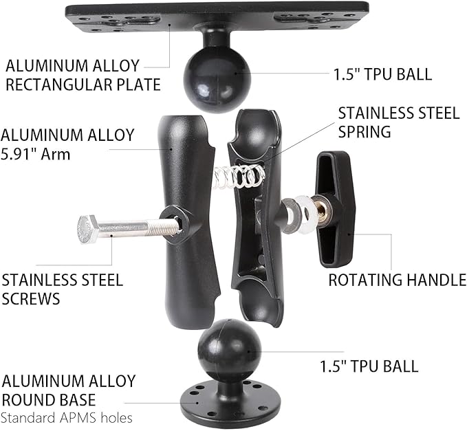 xik 1.5" Ball Medium Arm Fish Finder Mount, Aluminum Alloy Marine Electronic Mount, Round Base with 1.5 inches / 38mm / C Size Ball Adapters, Compatible with Garmin, Lowrance, Humminbird and More