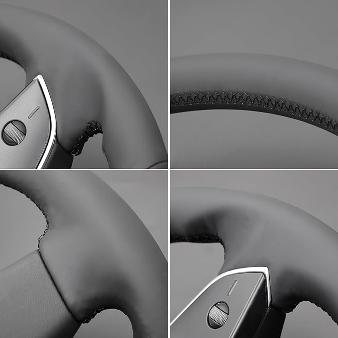 MEWANT Hand Stitched Matte Carbon PU Leather Steering Wheel Cover Wrap for Tesla Model 3 Highland 2023 2024 2025 Steering Wheel Accessories Black Thread