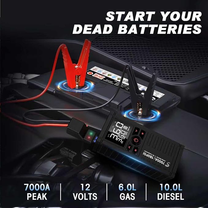 Jump Starter with Air Compressor, 7000A 180PSI Car Battery Jump Starter Jump Box (All Gas/10.0L Diesel), Battery Jumper Starter Portable Jumper Cables, Large LCD Display, LED Light Black