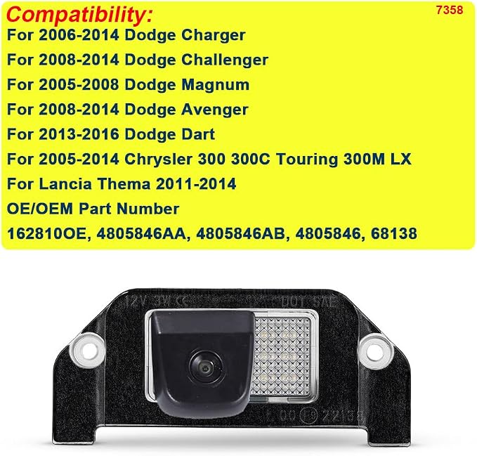 Vehicle Camera Waterproof Reversing Backup Camera Replacement for Dodge Charger Dodge Challenger Dodge Magnum Dodge Avenger Dodge Dart Chrysler 300 300C Touring 300M LX