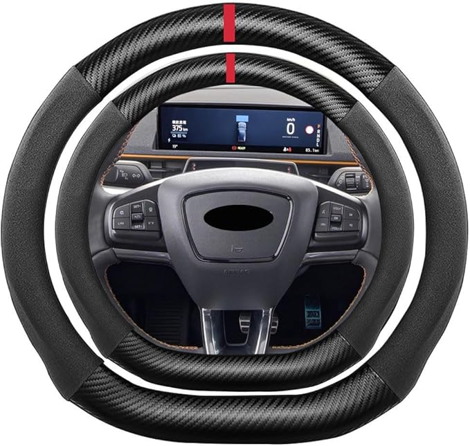D Shape Suede Carbon Fiber Steering Wheel Cover, Compatible with Mustang EcoBoost GT Mach-E Shelby 15 inch Flat Bottom Soft SuedeLeather Sport Non-Slip Automotive Interior Accessories