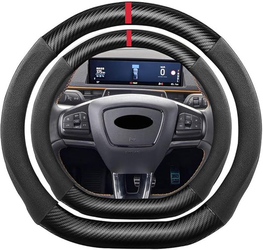 D Shape Suede Carbon Fiber Steering Wheel Cover, Compatible with Mustang EcoBoost GT Mach-E Shelby 15 inch Flat Bottom Soft SuedeLeather Sport Non-Slip Automotive Interior Accessories