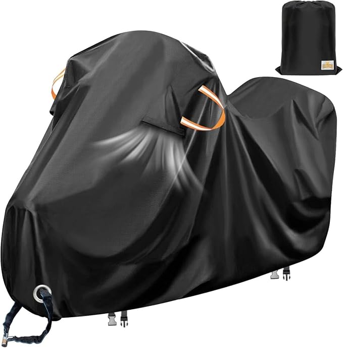 Motorcycle Cover Waterproof Outdoor,Cotton Fleece Lining and Heavy Duty Polyester Fabric Dirt Bike Cover,Scratch-Proof and Weatherproof,with Air Vent,Lock Holes,Fit for Harley,Honda,Yamaha,104x41x50