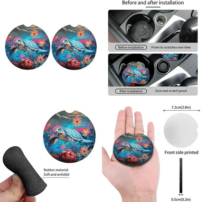 Sea Turtle 13 Pcs Car Seat Covers, Watercolor Floral Ocean Tortoise Universal Driver Seat Cover Protector Armrest Pad, Underwater Animal Steering Wheel Armrest Cover