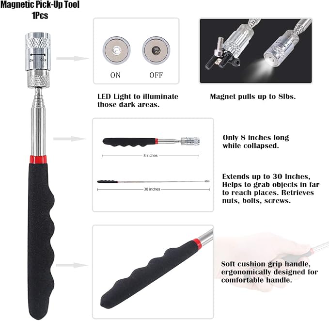 Glarks 10 In 1 Heavy Duty Hook and Pick Set, 9Pcs Precision Scraper, Hook and Pick with a 19 to 69 CM Telescopic Magnetic Pickup Tool For Removing Gaskets, Springs, Oil Seals, O-rings