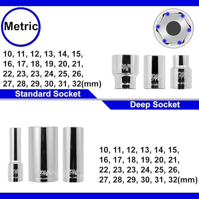 Stark Elite 1/2" Drive 84pcs Impact Socket MASTER SET, SAE & Metric from 3/8 Inch - 1-5/16 Inch, 10mm - 32mm, Standard/Deep Sockets with Case