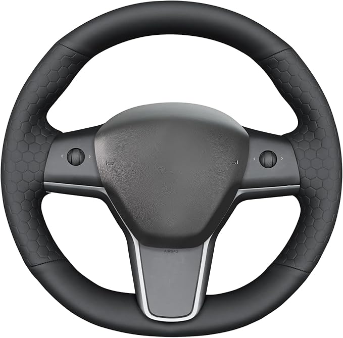 MEWANT Hand Stitch Steering Wheel Cover for Tesla Model Y Model 3 Made of Black Smooth Hexagon Embossed Faux Leather