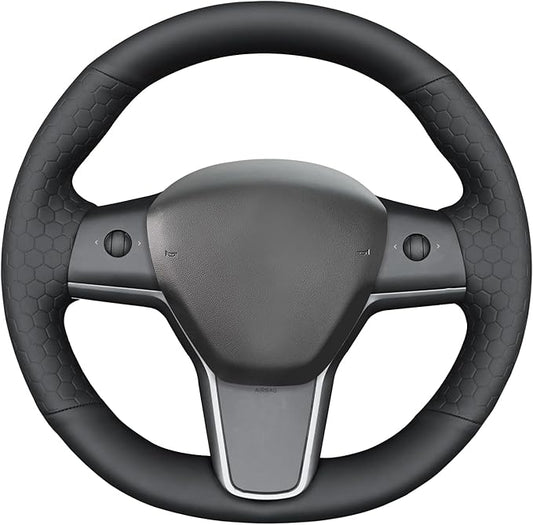MEWANT Hand Stitch Steering Wheel Cover for Tesla Model Y Model 3 Made of Black Smooth Hexagon Embossed Faux Leather