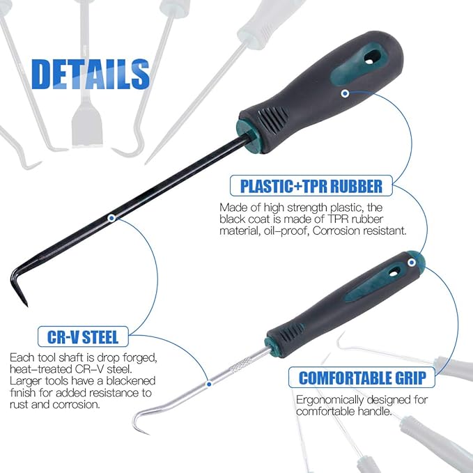 Glarks 10 In 1 Heavy Duty Hook and Pick Set, 9Pcs Precision Scraper, Hook and Pick with a 19 to 69 CM Telescopic Magnetic Pickup Tool For Removing Gaskets, Springs, Oil Seals, O-rings