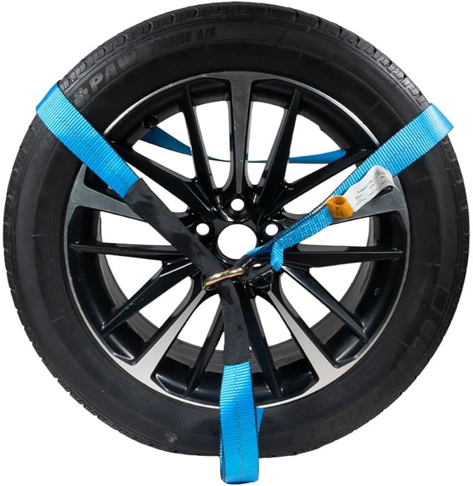 Mytee Products 2" x 120" Car Tie Down Straps for Trailer with Flat Hook - 3333 LB WLL Blue Lasso Style Tire Straps for Car Trailer with Ratchets - Vehicle Tie Down Wheel Straps for Hauling Cars