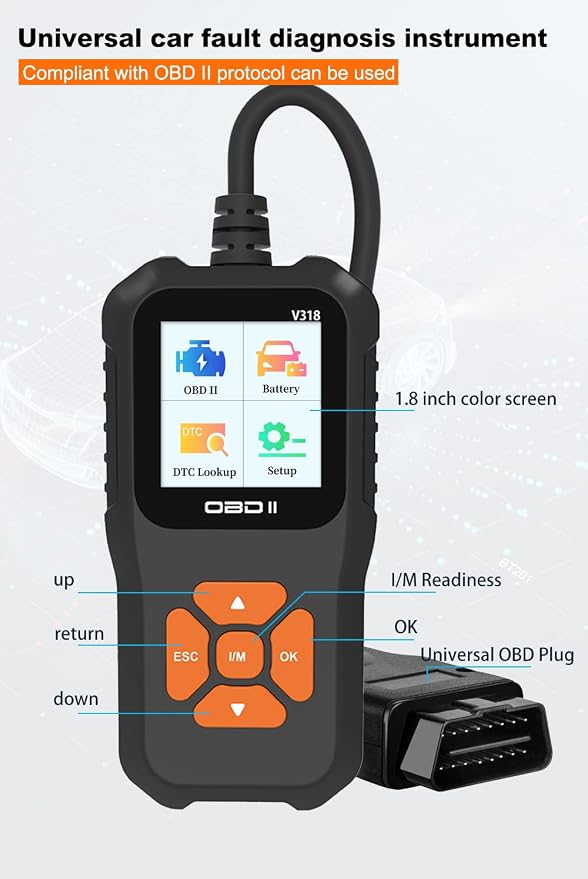Outzone V318 OBD2 Scanner, Basic Car Code Reader with 1.8" Color Screen, Engine Fault Code Scanner for All Gasoline OBDII Vehicles, Read & Clear Check Engine Light, 10 Languages Supported
