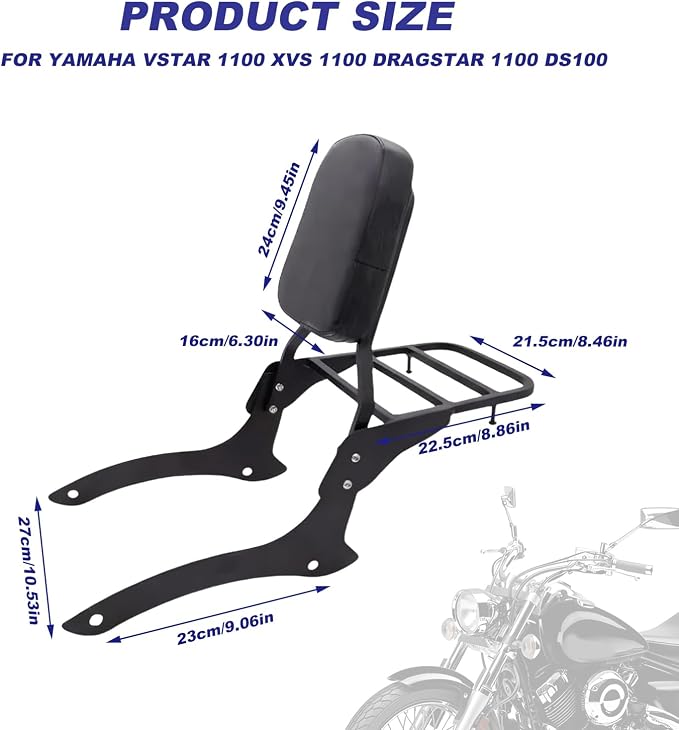 Motorcycle Sissy Bar & Passenger Sissy Bar Backrest with Luggage Carrier Rack for Yamaha VStar Dragstar 1100 XVS1100 DS1100 (Black)
