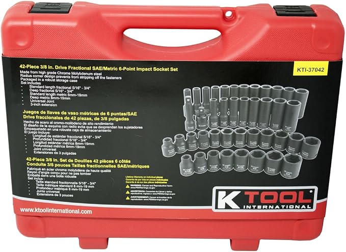 K Tool International 37042 SAE and Metric Impact Socket Set with 3/8" Drive for Garages, Repair Shops and DIY, 6-Point, Heat-treated, Chrome-moly Steel, Laser Engraved, Molded Case, 42 Piece