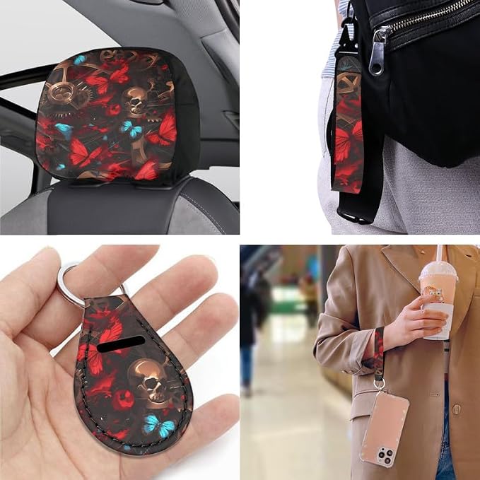 Skull Butterfly Gothic Decor Car Seat Cover Full Set 13 Pcs Halloween Art Painting Front Back Seat Cover Steering Wheel Cover,Seatbelt Pad Keychain Coaster