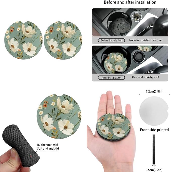 Daffodil Retro Hand Drawing 13 Pack Car Accessories Set Include Car White Flower Art Painting Front Seat Covers Car Decorations,Car Cup Pad Seat Belt Shoulder Pads