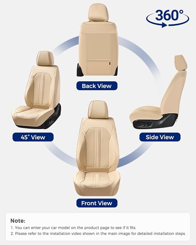 Huidasource Beige Seat Covers, Luxury Faux Leather Car Seat Cover, Velcro Adjustable, with Airbags, Seat Belts, Thinning Design Perforation Cooling＆Heating Fit for Most Cars, Vans, Trucks, SUVs, Beige