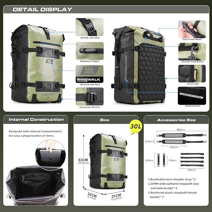 Rhinowalk Motorcycle Tail Bag Motorbike Side Bag 30L Full Waterproof Motor Saddle Pannier Bag Rear Rack Trunk Professional Motor Accessories-Green