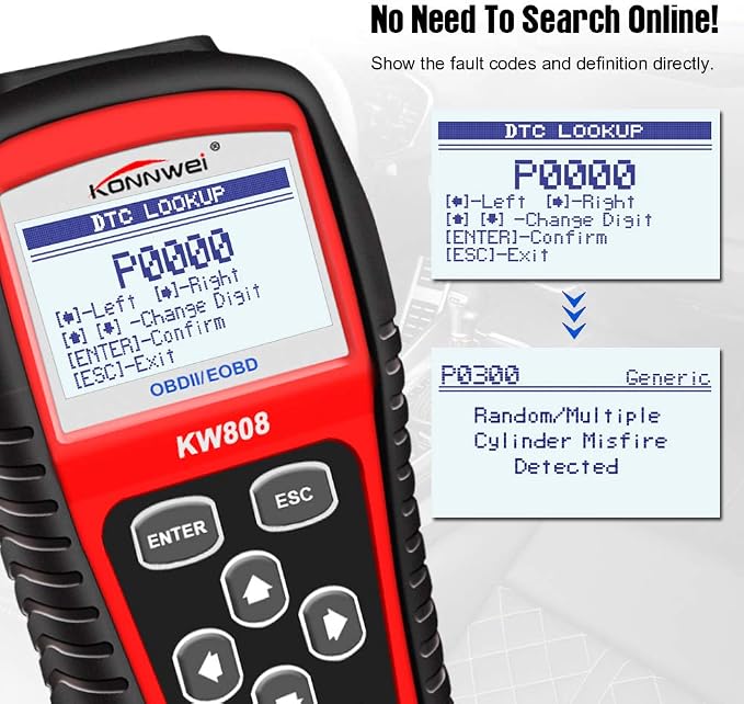 KONNWEI KW808 Auto OBDII Code Reader 2.8"Large Screen OBD2 Scanner with Full Diagnostic Scan Tool Functions Check Car Engine Light Fault Code Analyzer for All 1996 and Newer Cars with OBD II Protocol