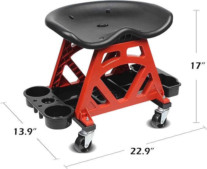 MaxWorks 50957 Ergonomic Seat Mechanic Stool Chair 22.9" L x 13.9" W x 17" H, with 4pcs 2.5" Swivel Casters, with Tool Tray for Workshop, Garage, Auto Repair - 300 Lbs Capacity