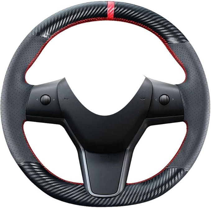 DIY Stitching Carbon Fiber Steering Wheel Cover for Tesla Model 3 Sedan 2017 2018 2019 2020 2021 / Model Y SUV 2020 2021 15 inches Leather Interior Accessories