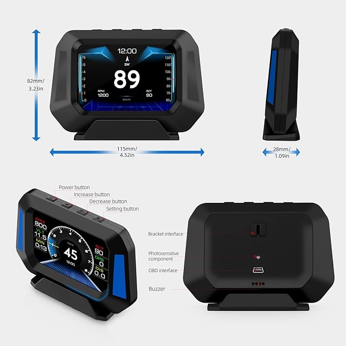 AZIJYV Obd2 Gauge Display P21, Heads Up Display for Cars, Displaying Multiple Functions, Speedometer, Slope Meter, Digital Speedometer for car Suitable for After 2009