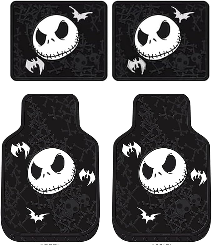 Yupbizauto 9 Pieces Nightmare Before Christmas Jack Skellington Bone Design Car Truck SUV Seat Covers Rubber Front and Rear Floor Mat Set with Little Tree Air Freshener Bundle Set