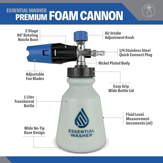 Essential Washer Premium Foam Cannon Pressure Washer | 90 Degree Adjustable Spray Nozzle Car Foam Sprayer | Stainless Steel QC Plug