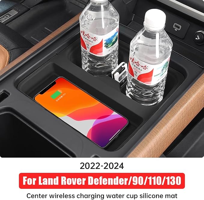 Center Console Storage Box for 2022-2024 Land Rover Defender 90 110 130 Wireless Charging Mat Cup Holder Interior Storage Silicone Mat Tuning Supplies Accessories (2022-2024 Defender (Black))