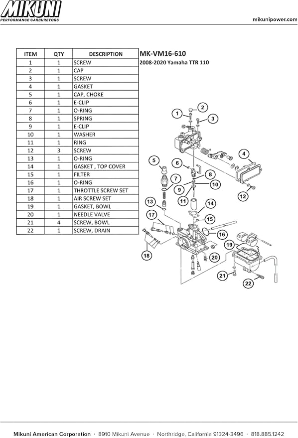 Mikuni Carburetor Rebuild Kit for 2008-2022 Yamaha TT-R110