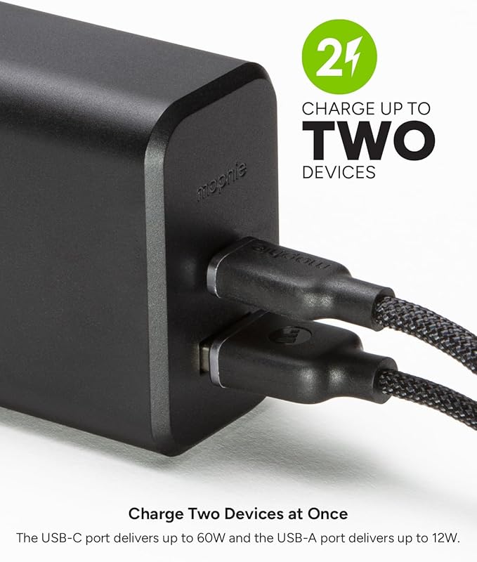 Mophie GaN 60W USB C Charger Block with USB A Port - Fast Wall Charger for iPhone, iPad, Google Pixel, Samsung Galaxy, MacBook Pro, Laptops, and More - Compact, Foldable Prongs, Eco-Friendly, Black