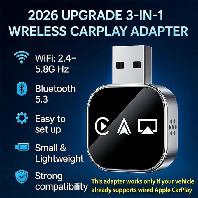 2026 Upgrade 3 in 1 Wireless CarPlay Adapter (for Android)
