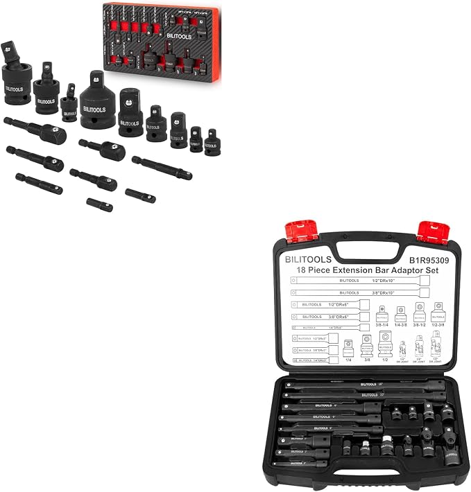 BILITOOLS Socket Adapter Set 17 Piece includes Reducer, Universal Joint Socket Set, Drill Adapter 1/4" 3/8" 1/2"& 18-Piece Drive Tool Accessory Set, includes 1/4" 3/8” & 1/2” Drive Socket E