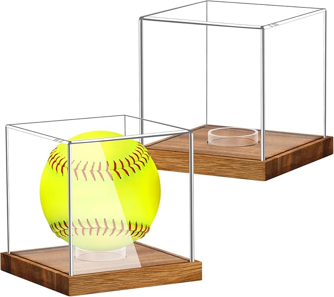 2 Pack Clear Acrylic Softball Display Case with Wood Base, Memorabilia Stand Cube Holder, Dust Protection Transparent Storage Box for Single Ball Souvenir Softball Collections