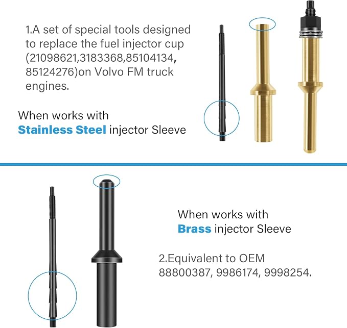 Injector Sleeve Nozzle Cup Tube Remover and Installer Tool Kit Compatible with Volvo Truck D11 D13 D16 Mack MP7 MP8 MP10 Engines Alternative to OEM 9986174 88800387 88800196