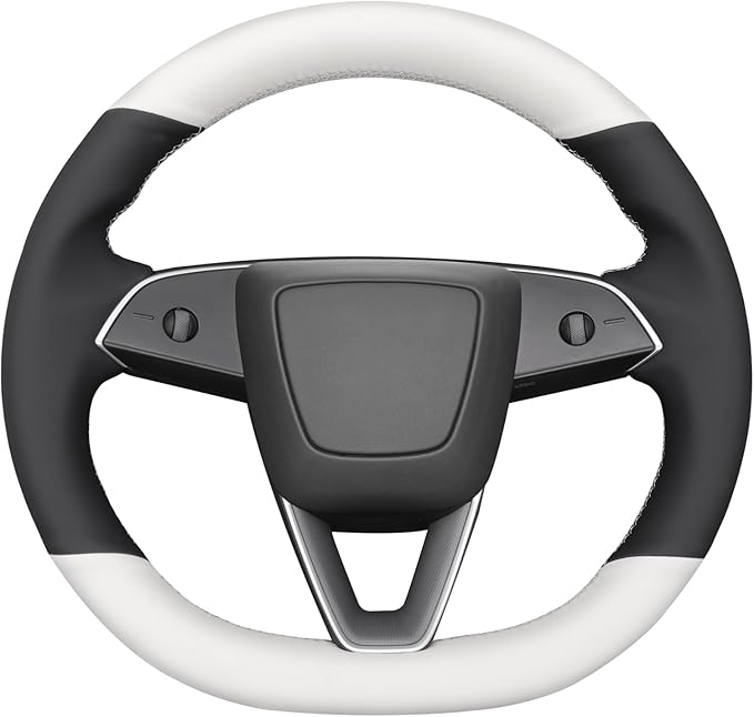 MEWANT Hand Stitch Black White Faux Leather Steering Wheel Cover Wrap for Tesla Model 3 Highland 2025 Model Y Juniper