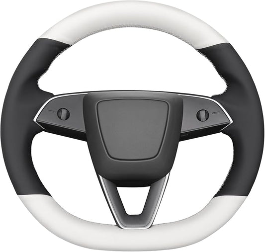 MEWANT Hand Stitch Black White Faux Leather Steering Wheel Cover Wrap for Tesla Model 3 Highland 2025 Model Y Juniper