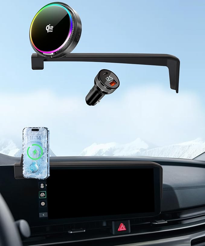 Qi2.2 25W Magnetic Car Mount Charger for 2025 2026 KIA Carnival/Carnival EV Accessories, for Fast Charging Cell Phone Holder 12.3 Inch Screen Fixed Clip with Cooling Fan＆54W Fast Adapter