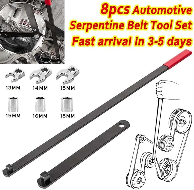 8PCS Universal Serpentine Belt Tool Kit - 3/8" & 1/2" Drive Belt Adjust Tightener Wrench Set for Automotive Repair & Maintenance