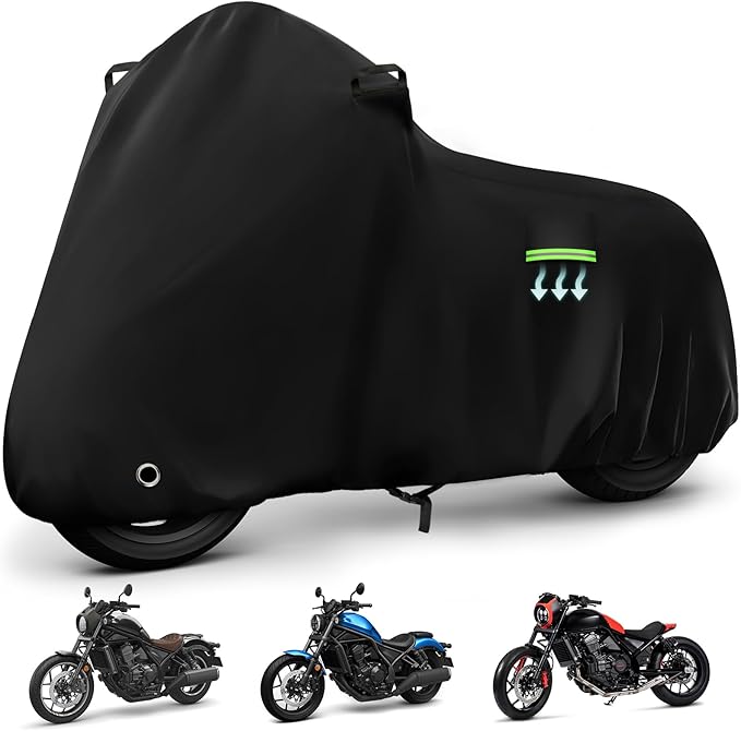 Motorcycle Cover Waterproof for Honda Rebel 300 500 1100, Heavy Duty Outdoor Sun Rain Snow UV Dust All Weather Protection Motorbike Cover with Soft Cotton Lining & Lock Hole