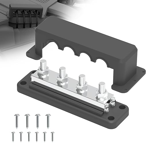 600A Bus Bar 12V Power Distribution Block with 3/8" (M10) 4-Posts Heavy Duty Terminals Block with Cover for Automotive, Marine, Battery System (Black)