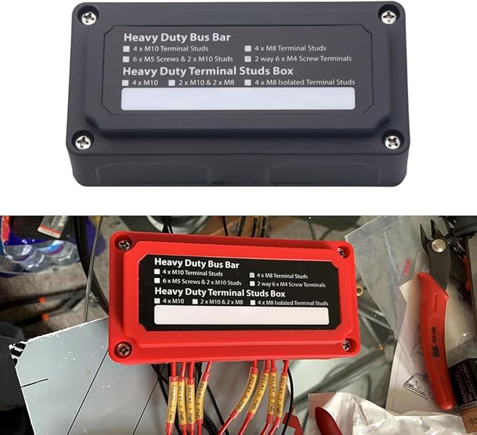 Bus Bar 12V-48V DC 100A Power Distribution Blocks Heavy Duty Module 4X 1/4" Posts+ 12x 5/32" Screws Terminals Double Rows Busbars, 100 Amp Battery Buss Bar with Cover, Red&Black 2 Pack