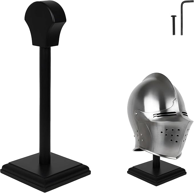 Mythrojan Solid Wooden Helmet Stand Medieval Roman Viking Templar, Spartan, Knight Helmet Display Holder for Renaissance, Cosplay, LARP, Collectors Costume,14 Inch - Black