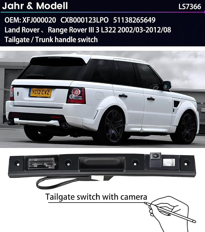 Vehicle Backup Camera Waterproof Car Rear View Camera Trunk Handle Parking Camera for Land Rover Range Rover III L322 2002/03-2012/08 XFJ000020 CXB000123LPO 51138265649