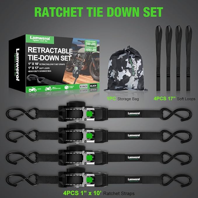Retractable Ratchet Straps (4-Pack) - 1 Inch x 10 Feet (1,650lb Break Strength) - Heavy Duty Auto Self Retracting Tie Down Straps for Motorcycle, ATV, UTV, Truck, Cargo Trailer - Black