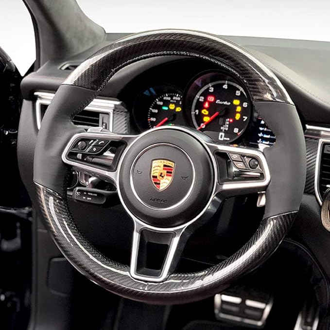 Black Nappa Leather & Carbon Fiber Auto Interior Accessory Steering Wheel Protector Cover Hand-Stitch on Wrap Fit for Porsche Panamera Macan Cayenne 911 996 997 959 Cayman Boxster