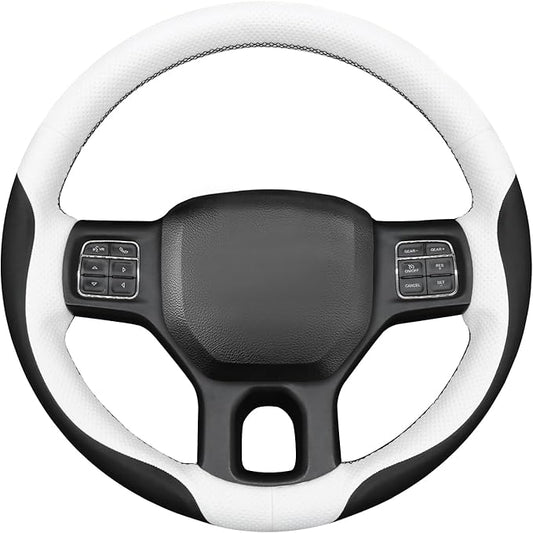 MEWANT Hand Stitch Steering Wheel Cover for Dodge Ram 1500 2500 3500 2004-2008 White Black Faux Leather Steering Wrap