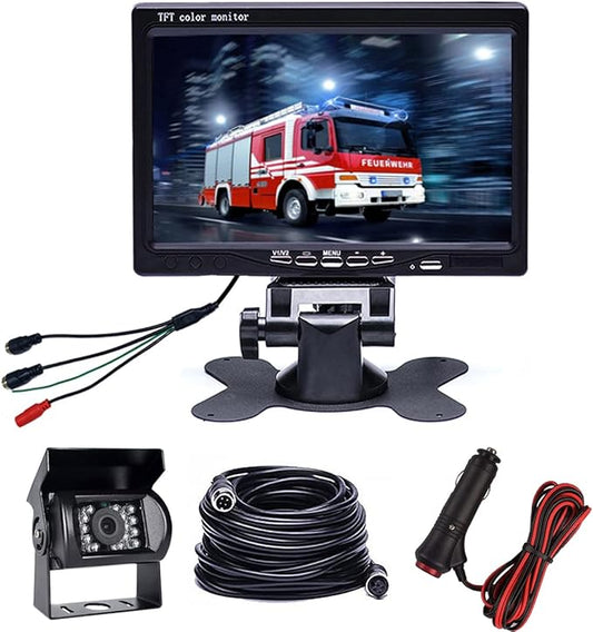 Hikity 7" Backup Camera with Monitor Kit, Waterproof 18 IR LED Night Vision Reverse Camera + Rear View Monitor Vehicle Parking System for RV/Bus/Trailer/Truck (65ft Video Cable+ Cigarette Lighter)